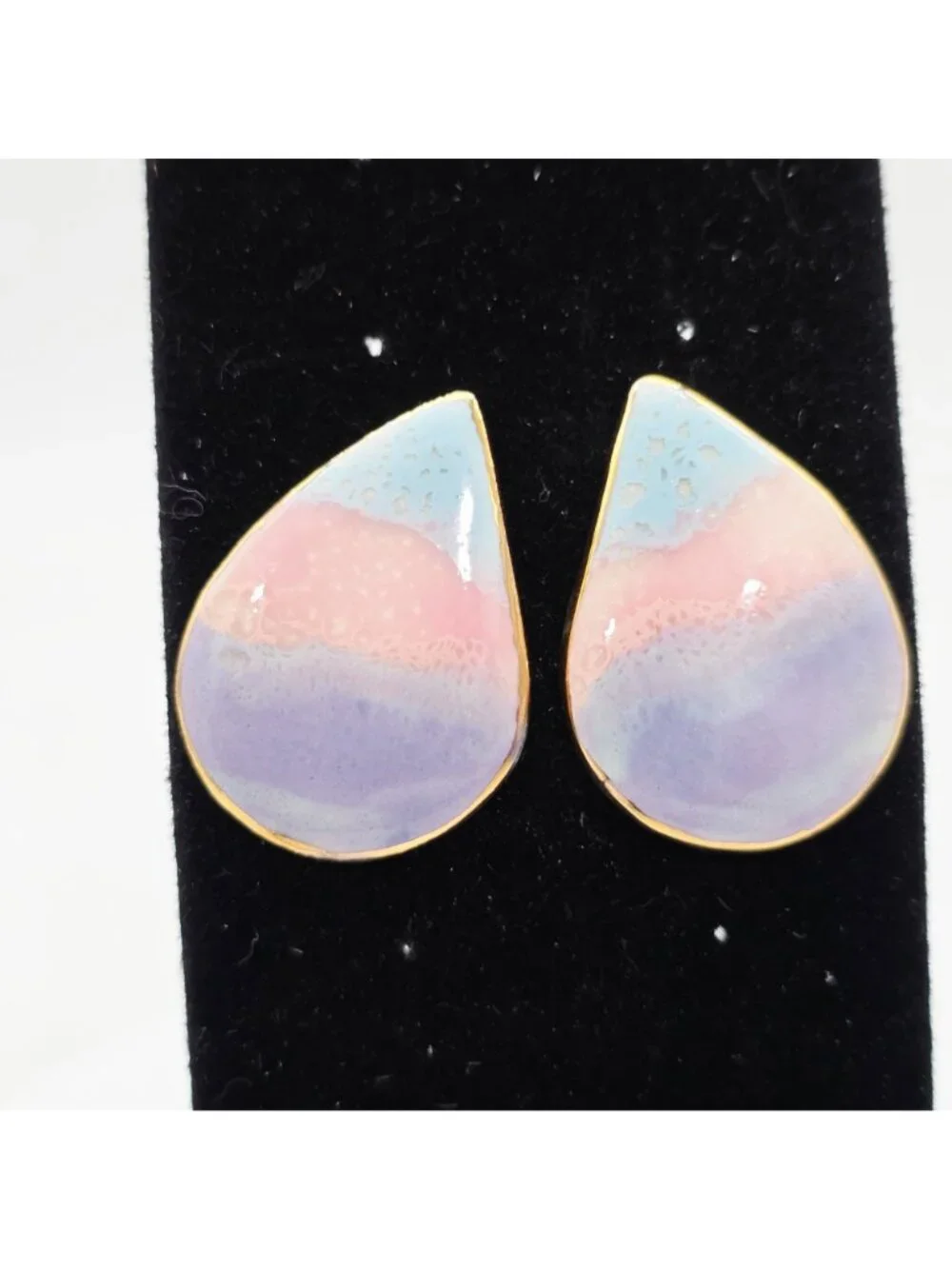 Pastel Gradient Teardrop Stud Earrings Gold Trim Ceramic & Metal Unique Handmade - Picture 3 of 5